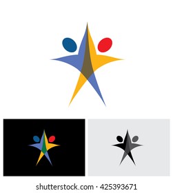 people together doing exercise, yoga, aerobics - vector logo icon