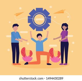 people together gear support teamwork vector illustration