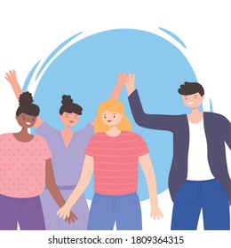 people together, happy women and man hands up unity, male and female cartoon characters vector illustration