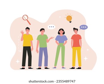 La gente juntos, vive la comunicación con amigos y amigas hablando. Feliz y alegre conversación. Diseño de caracteres. Ilustración plana del vector