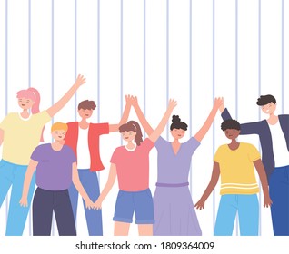 people together, persons standing together and hands up, male and female cartoon characters vector illustration