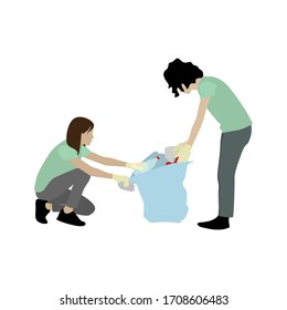 People together pick up trash after bbq. Vector gather and picking outdoor garbage, cleaning trash by volunteer illustration