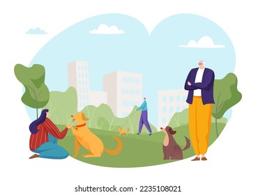 People together walk with home pet dog, outdoor cityscape park stroll domestic animal care flat vector illustration, isolated on white.