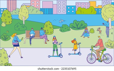 People together walk in park, summer activity city public garden relax man and woman character flat vector illustration, children ride scooter.