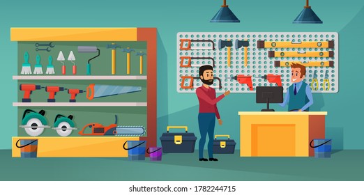 People in tool store vector illustration. Cartoon flat man buyer handyman character communicate with salesman on counter desk, buying instrument for construction or hardware, store interior background