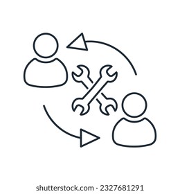 People and tools. Setting up, building relationships. Partnership. Interaction management. Vector linear icon isolated on white background.