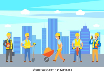 People with tools working in city vector, man with carriage with building material, supervising male with briefcase in hand, person with shovel drill