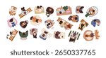 People top above view. Men, women overhead, sitting at office desk, table, on sofa, bench, chair, armchair with phone, book, computer and coffee. Flat vector illustrations isolated on white background