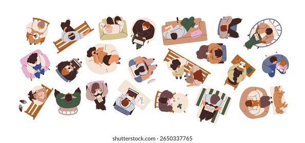Pessoas acima da vista. Homens, mulheres acima, sentado no escritório, mesa, no sofá, banco, cadeira, poltrona com telefone, livro, computador e café. Ilustrações de vetor planas isoladas no plano de fundo branco