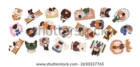 People top above view. Men, women overhead, sitting at office desk, table, on sofa, bench, chair, armchair with phone, book, computer and coffee. Flat vector illustrations isolated on white background