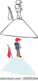 People at the top of a mountain with a flag looking at the scenery Vector