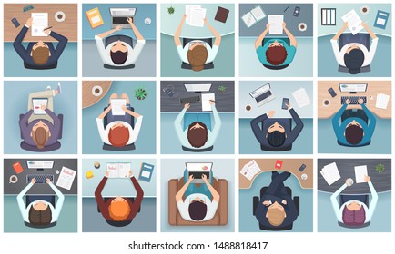 People top view. Business characters sitting at the table standing notes documents office supplies vector cartoon