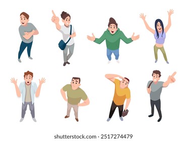People top view. Characters watching and top pointing exact vector active happy persons with different gestures and emotions