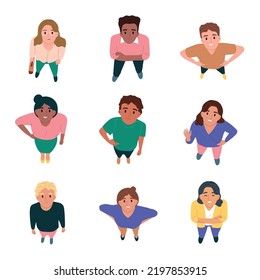 People top view flat set with happy men and women looking up isolated on white background vector illustration