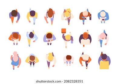People top view. Overhead of human, men gathering crowd. Person walking, diverse isolated characters community. Urban man woman utter vector set