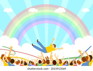 a lot of people toss someone in the air   rainbow sky victory toss