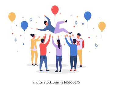 La gente lanza a la persona. Los personajes de caricatura celebran el cumpleaños y el éxito de la empresa, los colegas profesionales se alegran de los logros de los negocios. Ilustración vectorial. Un hombre de la multitud que saluda, se cae un confetti