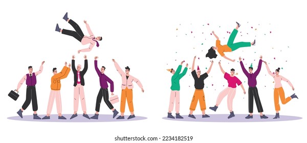 People tossing up. Happy friends throw birthday girl into air. Business workers team congratulates. Employees victory celebration. Winner honoring. Vector cheerful