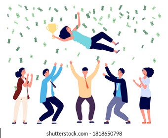 People tossing woman in air. Business team celebrating victory, final successful project or great investments. Money rain, happy man woman managers winners vector illustration