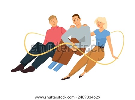 People touching shoulder of depressed man. Support and psychological help, empathy and mental health. Suicide prevention day concept. Vector flat illustration of embrace with yellow ribbon isolated