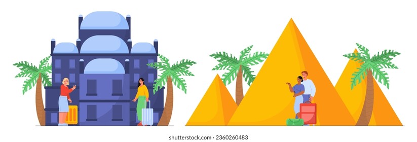 People with tour in Egypt concept. Women in background of hotel, young couple next to pyramids. Travel and tourism, trip. Cartoon flat vector illustration isolated on white background