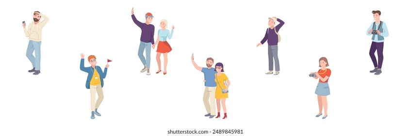 People Tourist Character on Excursion Go Sightseeing and Take Photos Vector Set