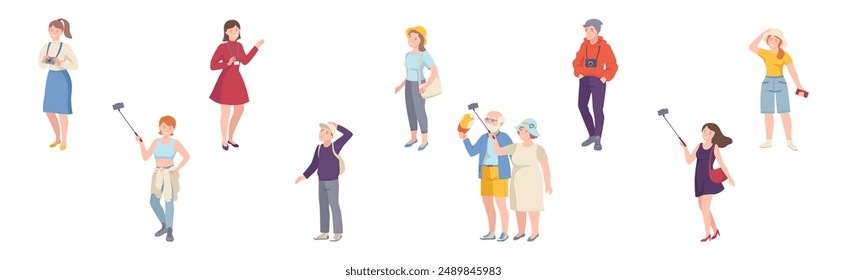 People Tourist Character on Excursion Go Sightseeing and Take Photos Vector Set