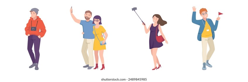 People Tourist Character on Excursion Go Sightseeing and Take Photos Vector Set