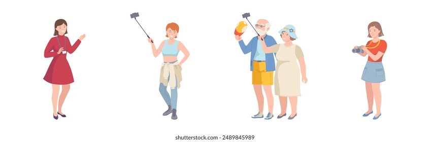 People Tourist Character on Excursion Go Sightseeing and Take Photos Vector Set