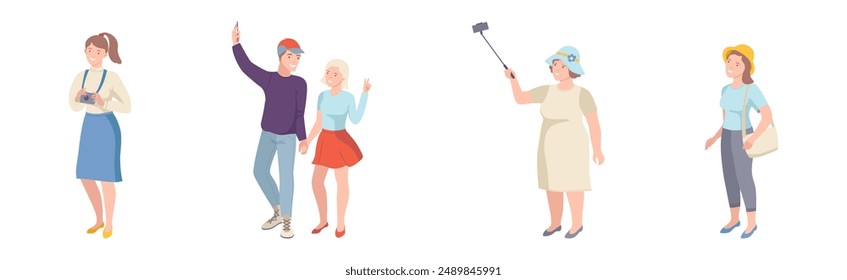 People Tourist Character on Excursion Go Sightseeing and Take Photos Vector Set