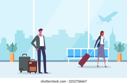 People tourist characters boarding and waiting flight. Departure terminal airport interior concept. Vector design graphic illustration