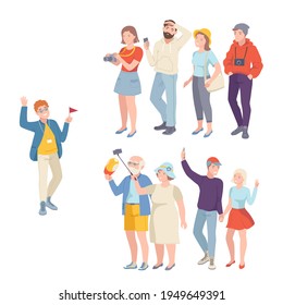 People Tourist Characters on Excursion or Sightseeing Tour with Guide Vector Illustration Set