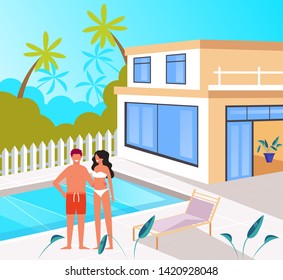 People tourist couple characters sunbathing near swim pool. Summer time tourism concept. Vector flat graphic design cartoon illustration