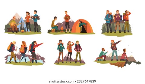 People Tourist or Explorer Character with Backpack Hiking and Mountaineering Vector Set