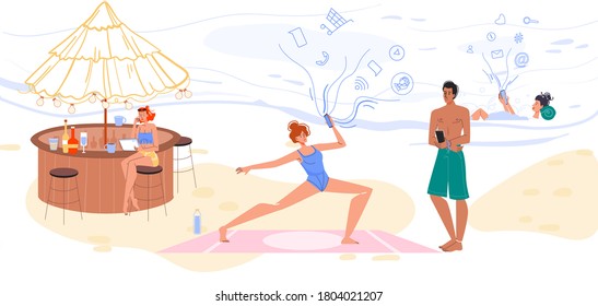 People tourist use mobile phone for online communication. Man woman surfing internet, networking, watching video, working, chatting, training during rest on tropical seacoast. Be connected on vacation