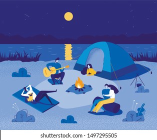 People in Touristic Camp near River with Tent. Travel, Backpacking Flat Cartoon Vector illustration. Concept of Hiking. Boy Playing Guitar near Campfire, Hugging Couple Sitting on Log.