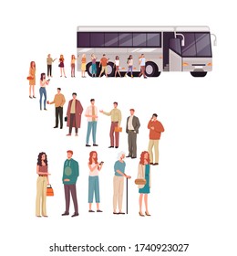 People tourists boarding bus. Vector flat cartoon graphic design illustration