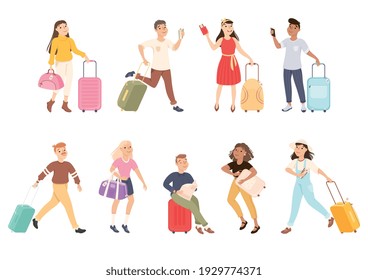 People Tourists Carrying Luggage and Plane Tickets Going to Airport Set, Mwn and Women Going on Vacation Trip or Journey Cartoon Vector Illustration