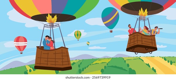 People tourists floating in sky flying in basket of air hot balloon admiring landscape scenery vector illustration. Happy loving romantic couple, cheerful family with excited children aerial travel