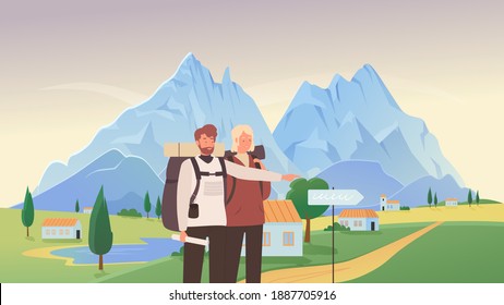 People tourists hiking vector illustration. Cartoon young couple traveler hiker characters visit mountain village landscape, man showing way, hike and travel adventure, summer tourism background