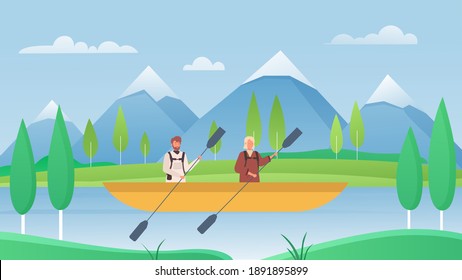 People tourists kayaking in river vector illustration. Cartoon active man woman characters sitting in kayak, traveling and rafting, extreme water sport activity, adventure summer tourism background