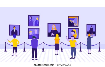 People or tourists looking at paintings at exhibition. Hall corridor of building. Famous paintings hang on the walls of museum. Classic art gallery. Colorful flat modern cartoon vector illustration.