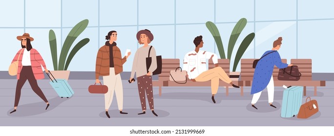 People tourists with luggage in lounge area of international airport. Passengers with baggage in waiting room, walking and sitting on chairs before flight Terminal panorama. Flat vector illustration