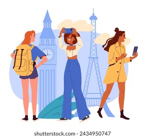 Gente y turistas en París. Mujeres cerca de la Torre Eiffel. Viajeros en Francia. Vacaciones y vacaciones, turismo internacional y vuelos. Ilustración plana del vector de la historieta aislada sobre fondo blanco