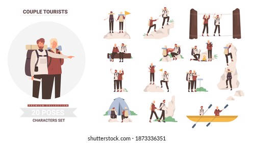 People tourists poses vector illustration set. Cartoon man woman couple travelers hiking, camping, kayaking and climbing, young camper characters enjoy tourism adventures together isolated on white