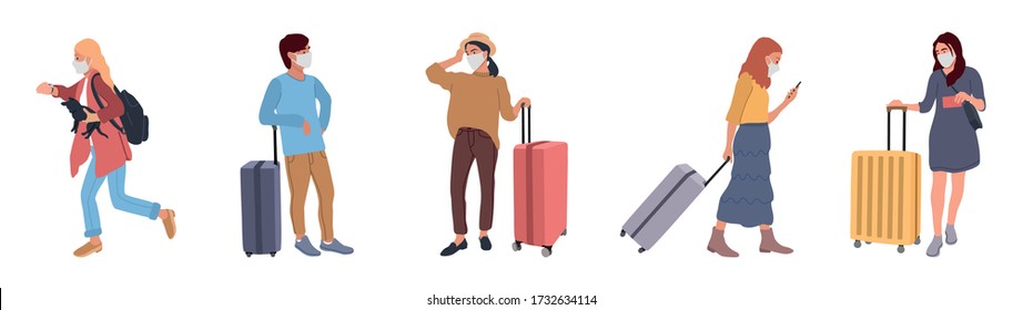 People tourists in protective medical face masks. Vector illustration in a flat style. Walking, standing characters with bags and luggage. Travel set during coronavirus. 