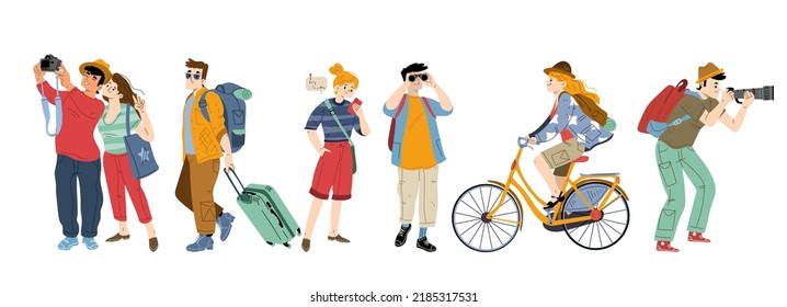 People tourists with suitcases and backpacks. Concept of travel, vacation journey, tourism. Vector flat illustration of travelers, man with camera, couple take photo, girl on bike, guy with binoculars