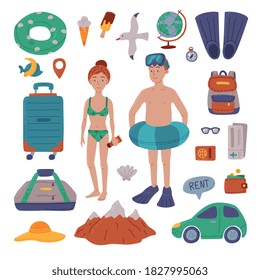 People Tourists in Swimwear with Beach Accessories Set, Summer Journey, Travel Destination, Tourism Concept Cartoon Style Vector Illustration