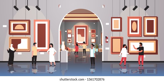 People Tourists Viewers In Modern Art Gallery Museum Interior Looking Creative Contemporary Paintings Artworks Or Exhibits Flat Horizontal