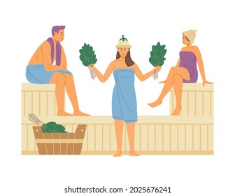 People in towels relax at sauna or banya with hot steam and brooms. Male and female characters enjoying wellness therapy in warm room sitting on wooden benches. Vector illustration